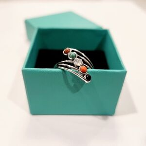 New Sterling Silver 5-Stone Tigers eye Turquoise Moonstone Coral Agate Ring